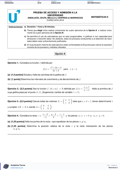 Vista previa de Examen PAU de Matemáticas II de Andalucía 2019 – Ordinaria