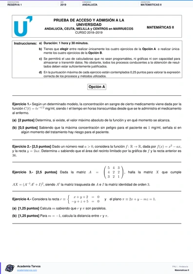 Vista previa de Examen PAU de Matemáticas II de Andalucía 2019 – Reserva 1