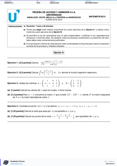Vista previa de Examen PAU de Matemáticas II de Andalucía 2019 – Reserva 3