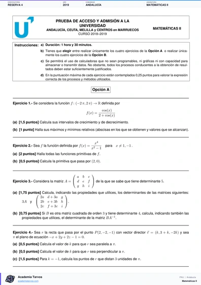 Vista previa de Examen PAU de Matemáticas II de Andalucía 2019 – Reserva 4
