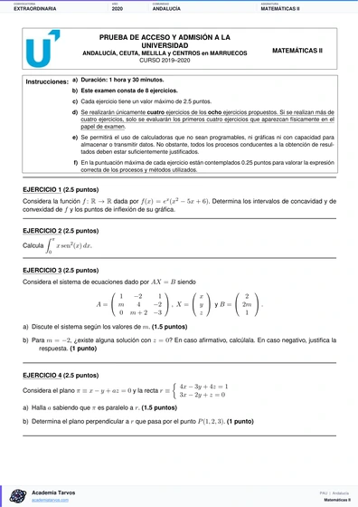 Vista previa de Examen PAU de Matemáticas II de Andalucía 2020 – Extraordinaria