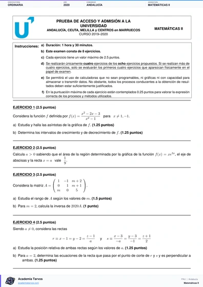 Vista previa de Examen PAU de Matemáticas II de Andalucía 2020 – Ordinaria