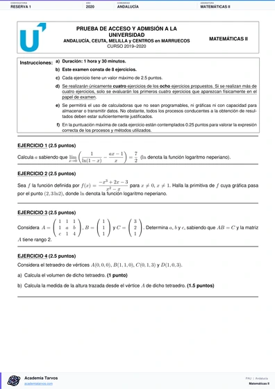 Vista previa de Examen PAU de Matemáticas II de Andalucía 2020 – Reserva 1