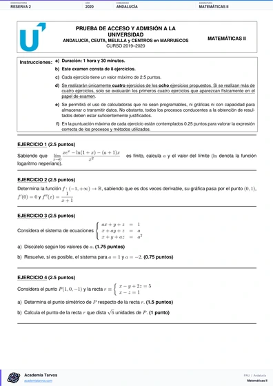Vista previa de Examen PAU de Matemáticas II de Andalucía 2020 – Reserva 2