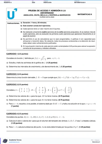 Vista previa de Examen PAU de Matemáticas II de Andalucía 2020 – Reserva 3