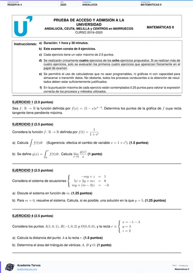 Vista previa de Examen PAU de Matemáticas II de Andalucía 2020 – Reserva 4