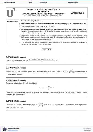 Vista previa de Examen PAU de Matemáticas II de Andalucía 2021 – Extraordinaria