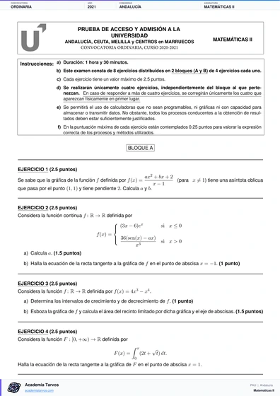 Vista previa de Examen PAU de Matemáticas II de Andalucía 2021 – Ordinaria