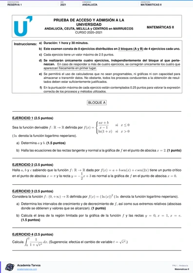 Vista previa de Examen PAU de Matemáticas II de Andalucía 2021 – Reserva 1