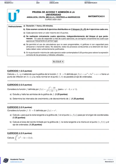 Vista previa de Examen PAU de Matemáticas II de Andalucía 2021 – Reserva 2