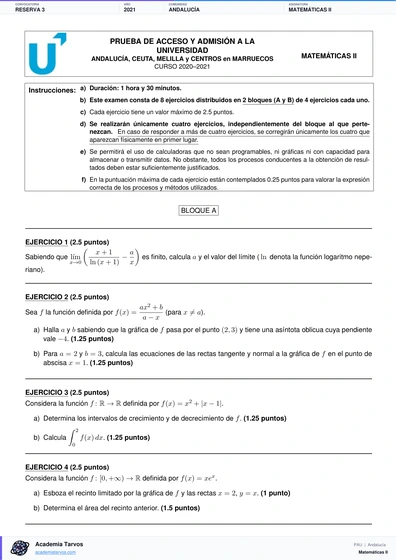 Vista previa de Examen PAU de Matemáticas II de Andalucía 2021 – Reserva 3