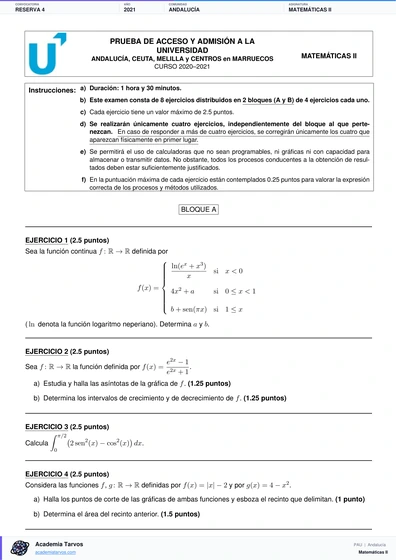 Vista previa de Examen PAU de Matemáticas II de Andalucía 2021 – Reserva 4