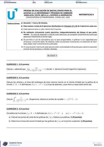 Vista previa de Examen PAU de Matemáticas II de Andalucía 2022 – Extraordinaria