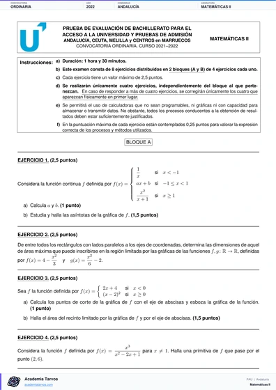 Vista previa de Examen PAU de Matemáticas II de Andalucía 2022 – Ordinaria