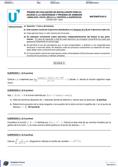 Vista previa de Examen PAU de Matemáticas II de Andalucía 2022 – Reserva 2