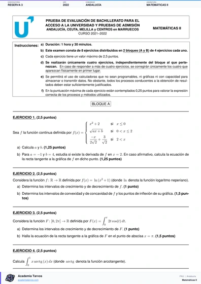 Vista previa de Examen PAU de Matemáticas II de Andalucía 2022 – Reserva 3