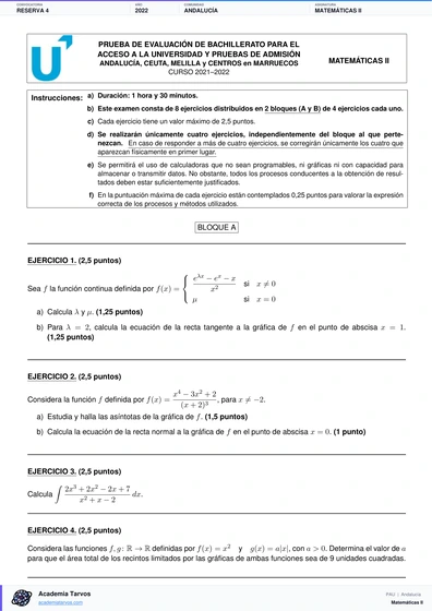 Vista previa de Examen PAU de Matemáticas II de Andalucía 2022 – Reserva 4