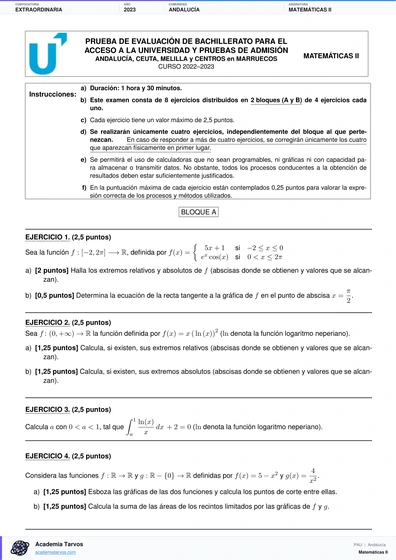 Vista previa de Examen PAU de Matemáticas II de Andalucía 2023 – Extraordinaria