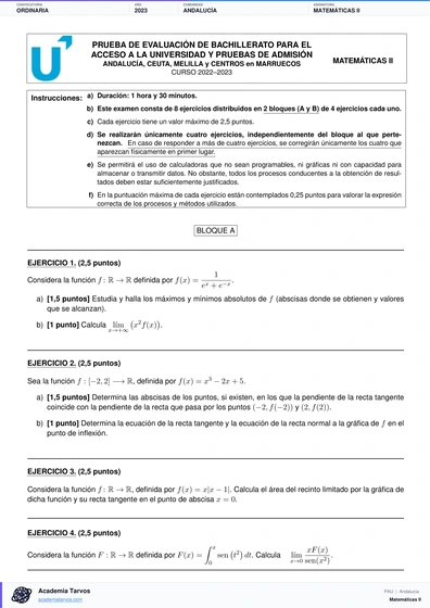 Vista previa de Examen PAU de Matemáticas II de Andalucía 2023 – Ordinaria