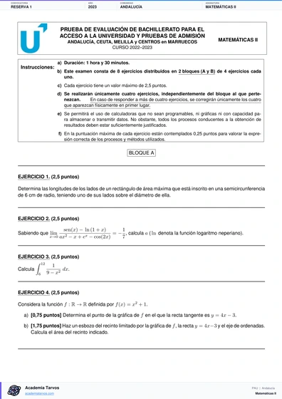 Vista previa de Examen PAU de Matemáticas II de Andalucía 2023 – Reserva 1