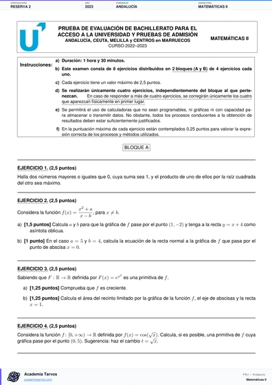 Vista previa de Examen PAU de Matemáticas II de Andalucía 2023 – Reserva 2