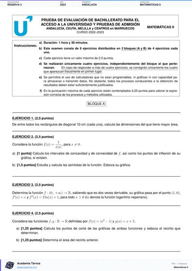 Vista previa de Examen PAU de Matemáticas II de Andalucía 2023 – Reserva 3