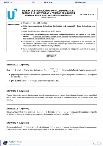 Vista previa de Examen PAU de Matemáticas II de Andalucía 2023 – Reserva 4