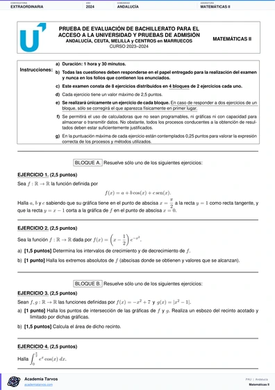 Vista previa de Examen PAU de Matemáticas II de Andalucía 2024 – Extraordinaria