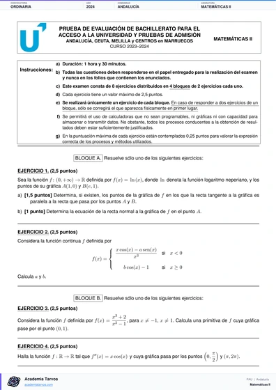 Vista previa de Examen PAU de Matemáticas II de Andalucía 2024 – Ordinaria