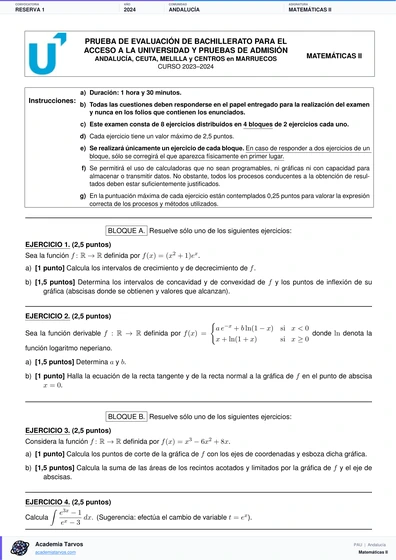 Vista previa de Examen PAU de Matemáticas II de Andalucía 2024 – Reserva 1