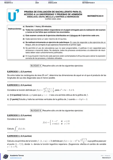 Vista previa de Examen PAU de Matemáticas II de Andalucía 2024 – Reserva 2
