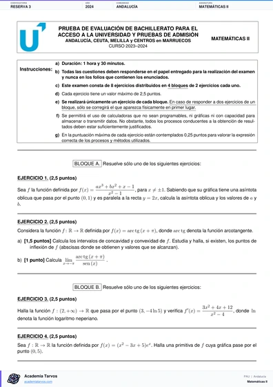 Vista previa de Examen PAU de Matemáticas II de Andalucía 2024 – Reserva 3