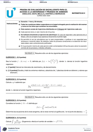 Vista previa de Examen PAU de Matemáticas II de Andalucía 2024 – Reserva 4