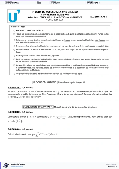 Vista previa de Examen PAU de Matemáticas II de Andalucía 2025 – Extraordinaria