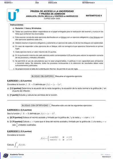 Vista previa de Examen PAU de Matemáticas II de Andalucía 2025 – Reserva 1