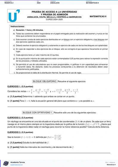 Vista previa de Examen PAU de Matemáticas II de Andalucía 2025 – Reserva 2