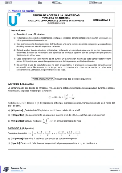 Vista previa de Modelo PAU de Matemáticas II de Andalucía 2026