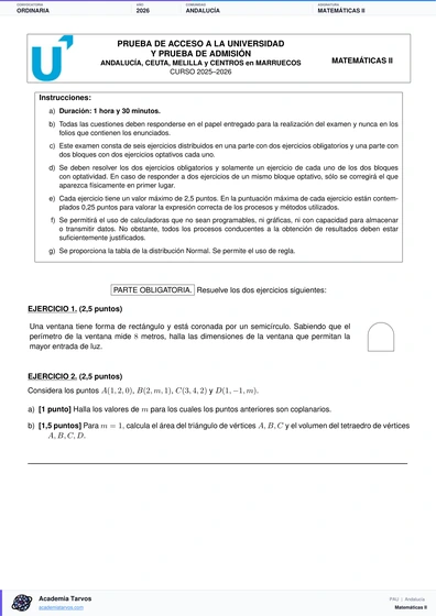 Vista previa de Examen PAU de Matemáticas II de Andalucía 2026 – Ordinaria