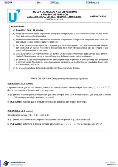Vista previa de Examen PAU de Matemáticas II de Andalucía 2026 – Reserva 1