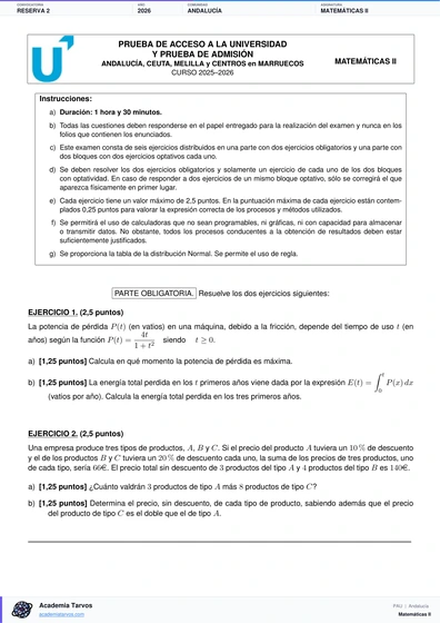 Vista previa de Examen PAU de Matemáticas II de Andalucía 2026 – Reserva 2