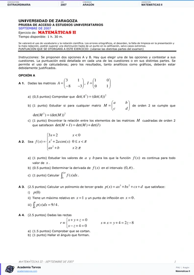 Vista previa de Examen PAU de Matemáticas II de Aragón 2007 – Extraordinaria