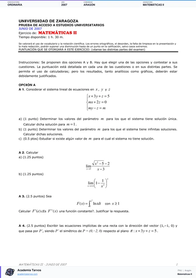 Vista previa de Examen PAU de Matemáticas II de Aragón 2007 – Ordinaria