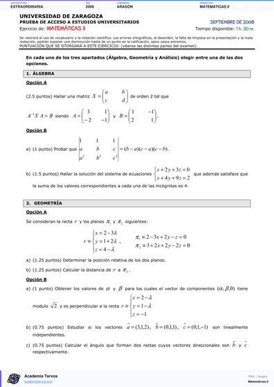 Vista previa de Examen PAU de Matemáticas II de Aragón 2008 – Extraordinaria