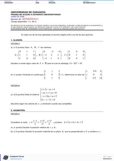 Vista previa de Examen PAU de Matemáticas II de Aragón 2008 – Ordinaria