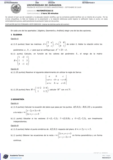 Vista previa de Examen PAU de Matemáticas II de Aragón 2009 – Extraordinaria
