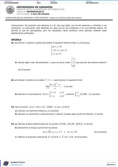 Vista previa de Examen PAU de Matemáticas II de Aragón 2010 – Extraordinaria