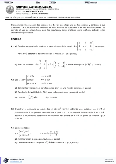Vista previa de Examen PAU de Matemáticas II de Aragón 2010 – Ordinaria