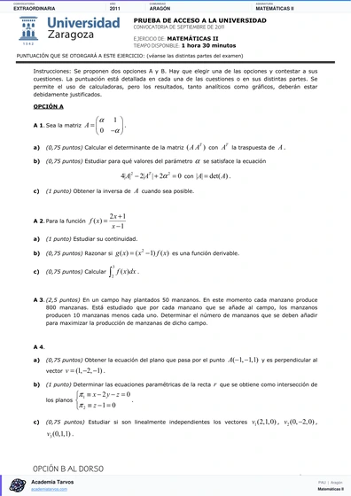 Vista previa de Examen PAU de Matemáticas II de Aragón 2011 – Extraordinaria