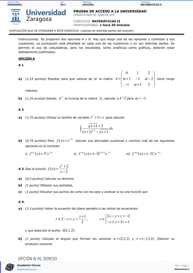 Vista previa de Examen PAU de Matemáticas II de Aragón 2011 – Ordinaria
