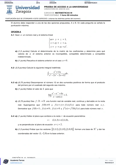 Vista previa de Examen PAU de Matemáticas II de Aragón 2012 – Ordinaria